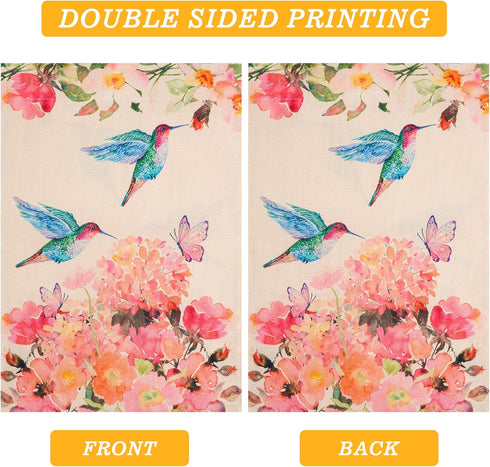 1PCS Hummingbird Spring Garden Flag Flower Garden Spring Yard Outdoor Flag Double Sided Small Burlap Bird Flag for Outside Holiday Decor(12.5 x 18...