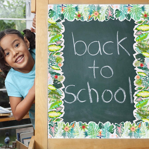 Bulletin Board Border Green Plant Tropical Die-Cut Rolled Two-Sided Printed Palm Tree Leaves Back to School Border Trim Boho Paper for Classroom D...