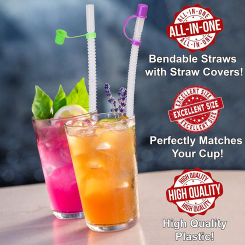 Bendable Straws with Straw Covers Cap - 11 inch Long Flexible Straws - Bendy Drinking Straws Reusable with Covers Cap Assorted Colors - 14 Pack...