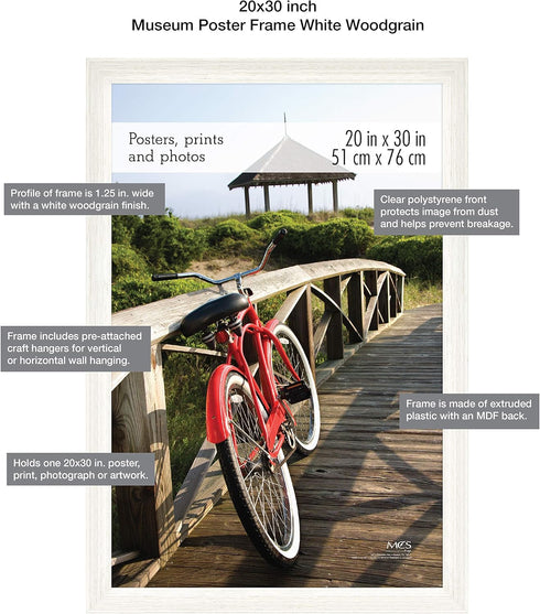 MCS Museum Poster Frame 20x30 White Woodgrain, Vertical & Horizontal Wall Hanging Large Picture Frame for Photos, Posters & Art Prints (1-Pack)...