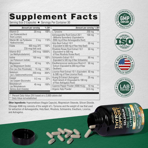Thyroid Support for Women - Selenium 200 mcg | Zinc & Iodine | L-Tyrosine | Magnesium | Adaptogen Herbs - 20-in-1 Antioxidant & Immune Support - V...