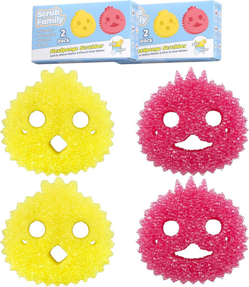 Functional Sponge Scrubber Set - Daddy Mommy Daily Scrub Sponge, Smiley Happy Face, Firm in Cold and Soft in Warm, Scratch Free, No Odor, 2 Animal...