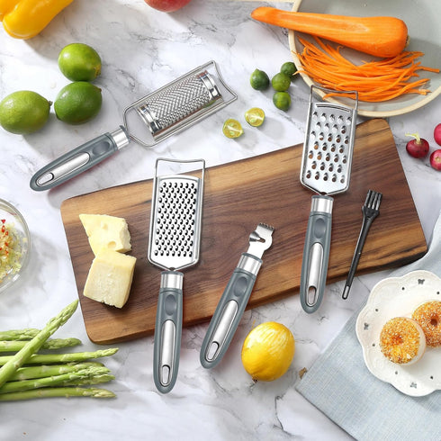 To encounter Cheese Grater, Stainless Steel Grater for Ginger, Garlic, Nutmeg, Chocolate, Vegetables, Lemon, Dishwasher Safe, Set of 5 (Grey)...