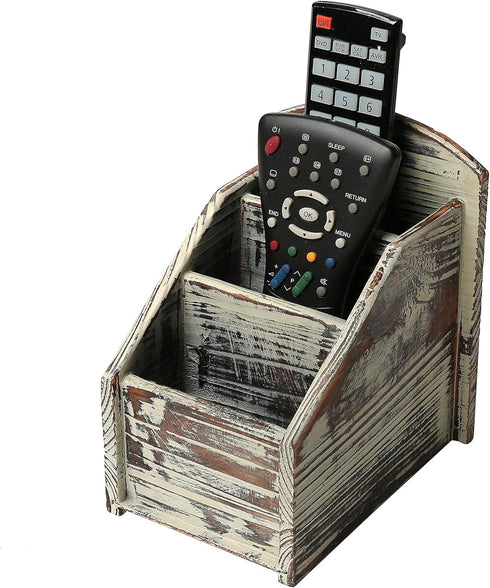 MyGift Rustic Torched Wood Remote Control Holder for Table with 3 Compartments, Living Room TV Media Organizer...
