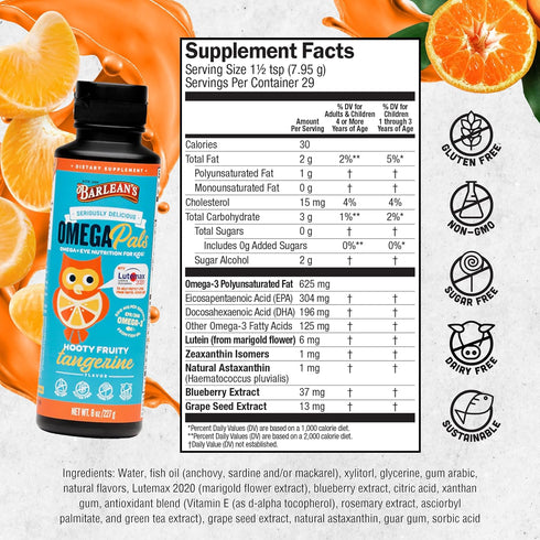 Barlean's Omega Pals Eye Health Liquid, Tangerine Flavored Omega 3 for Kids, Fish Oil Supplement with 500 mg of EPA & DHA Plus Lutein & Zeaxanthin...