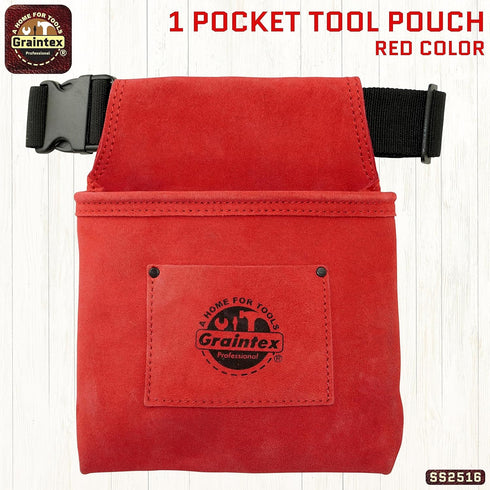 Graintex SS2516 :: One Pocket Nail & Tool Pouch Red Color Suede Leather with 2” Webbing Belt for Constructors, Electricians, Plumbers, Handymen...