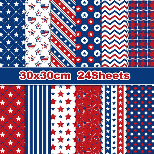24Sheets Patriotic Pattern Paper 4th of July Double-sided Red Blue White Star Scrapbook Paper for Independence Day for Card Making Photo Album Cra...