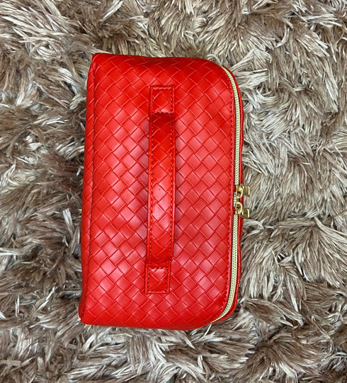 Travel Makeup Bag Water-resistant Large Capacity Red Cosmetic Bag With Elegant Woven Pattern Double-Sided Zipper And Smart Interior Organization F...