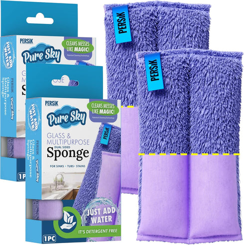 Pure-Sky Ultra Microfiber Cleaning Sponge – 2-in1, Combination for Glass and Multipurpose – JUST ADD Water No Detergents Needed – Use for Windows,...