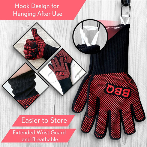 NutriChef BBQ Gloves - 1472°F Heat Resistant, Fireproof Mitts with Non-Slip Silicone Grip, Perfect for Barbecue, Grilling, Cooking, Baking & Campi...