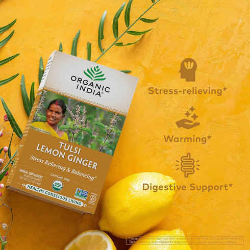 ORGANIC INDIA Tulsi Lemon Ginger Tea Bags - Herbal Tea, Stress Relieving & Reviving, Immune Support, Aids Digestion, Vegan, USDA Certified Organic...