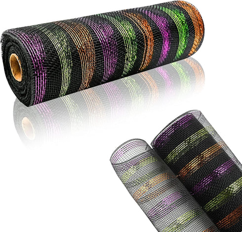 2 Rolls Deco Mesh Ribbon 10 in x 30 ft for DIY Halloween Deco Christmas Tree Wreath Decoration Black Purple Orange Green Poly Mesh Rolls Party Dec...