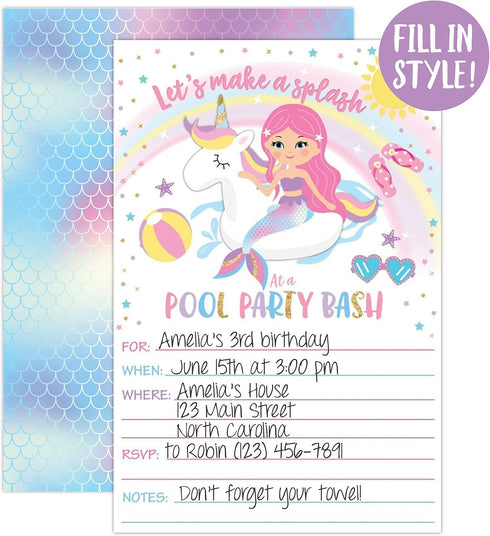 Your Main Event Prints Mermaid Unicorn Pool Party Birthday Invitations - Summer Pool Party Bash - Splash Pad, Water Park Invites - 20 Fill-In Unic...