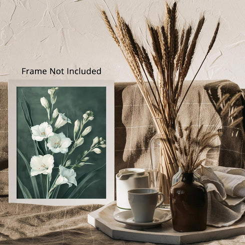 Posterizer 1 pcs-white minimalistic flowers-green background-Floral & Botanical Art-Abstract & Modern Art-Decor for Home & Office- UNFRAMED Wall A...