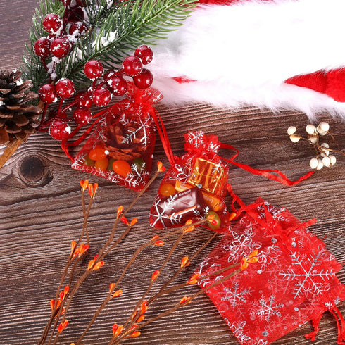 Bememo 100 Pieces Christmas Organza Bags Snowflakes Organza Bags Mesh Jewelry Candy Drawstring Small Pouches for Winter Wedding Christmas Party...