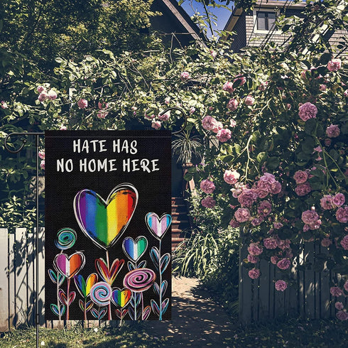 Hate Has No Home Here Pride Garden Flag 12x18 Double Sided Burlap, Small Rainbow Love Heart Gay Lesbian LGBT Pansexual Garden Yard Flags Sign Bann...