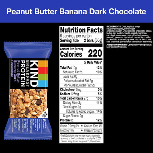 KIND Breakfast, Healthy Snack Bar, Peanut Butter Banana Dark Chocolate, Gluten Free Breakfast Bars, 8g Protein, 1.76 OZ Packs (6 Count)...