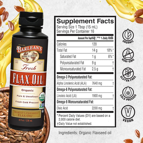 Barlean's Organic Flaxseed Oil Liquid from Fresh Cold Pressed Flax Seeds, 7,640mg ALA Omega 3 Fatty Acid Supplement for Skin and Hair Care, Vegan ...