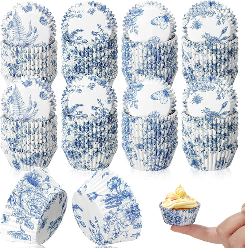 800 Pcs Blue and White Flower Cupcake Liners Flower Cupcake Wrappers Grease Proof Blue Muffin Liners Disposable Cupcake Papers Baking Cups for Bak...