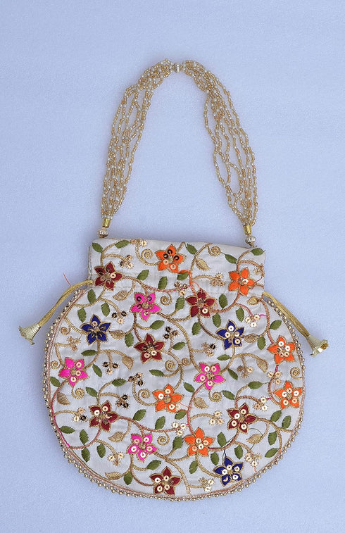 Indian Embroidered Potli Bag for Women's Embroidered Silk Batwa Pearl Handle Clutch Purse Evening Party Wedding Gifts for Her...