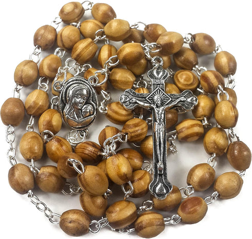 Nazareth Store Catholic Prayer Rosary Olive Wood Beads Necklace Holy Soil Medal & Metal Cross Velvet Gift Bag...