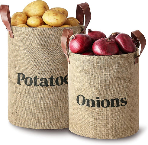 Laxinis World Lined Burlap Pantry Storage Baskets For Potatoes And Onions With Handles, Set Of 2, Decorative Rustic Farmhouse Home Décor Design, K...