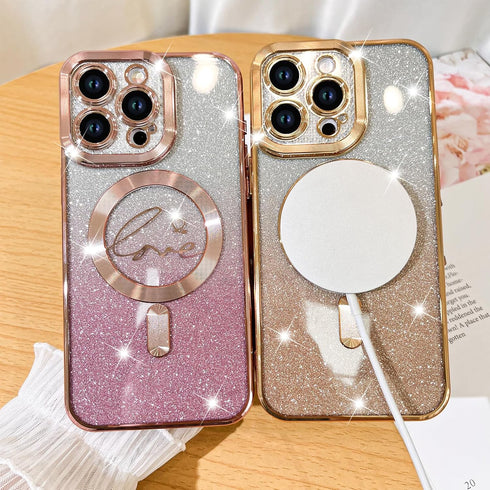 Fiyart Designed for iPhone 15 Pro Max Case,Compatible with MagSafe Love Heart Plating Camera Protection Clear Phone Case, Magnetic Glitter for Wom...