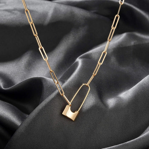 MEVECCO Paperclip Lock Safety Pin Pendant Choker Necklace for Women 18K Gold Filled Dainty Padlock Charm Oval Rectangle Thick Link Punk Choker Min...