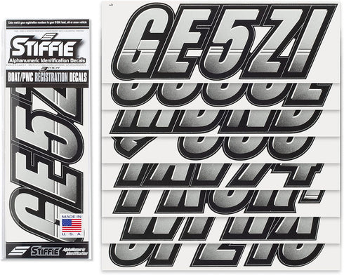 STIFFIE Techtron Silver/Black 3" Boat & PWC Registration Decals • Numbers Letters Stickers...