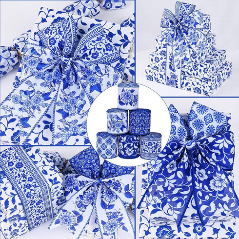 30 Yards Christmas White and Blue Wired Edge Ribbon Chinoiserie Ribbon Floral Bird Ribbon Fabric Ribbons for Crafts Wedding Wreath Bow Wrapping 2....