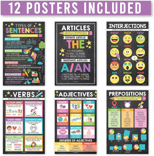Hadley Designs 12 Chalkboard Parts of Speech Posters for Elementary Posters for Language Arts - Grammar Posters for Classroom Elementary Classroom...