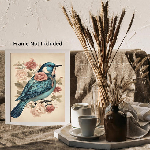 Posterizer 1 pcs- Beautiful blue bird with wild pink and red flowers-Art for Animal Lovers-Floral Botanical Art- Gift for Men Women Teens-Living R...