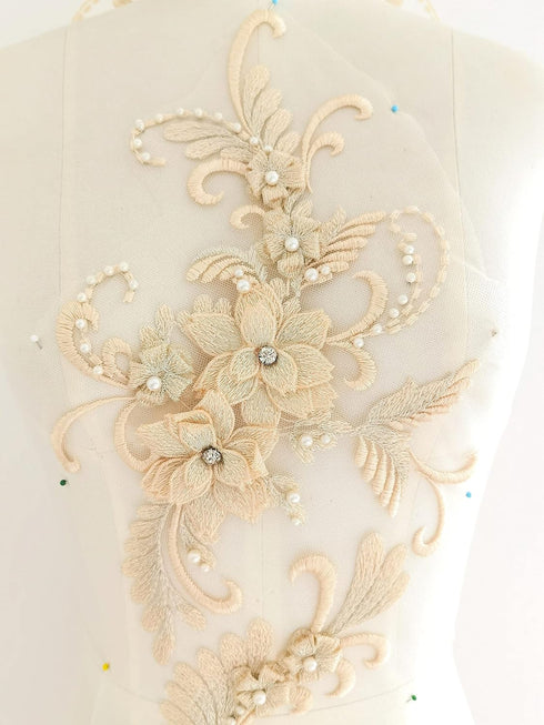 Champagne applique lace, bodice applique, Champagne trim beaded, Champagne 3D lace flower, lace fabric Champagne tulle for dress CH (C1a champagne...