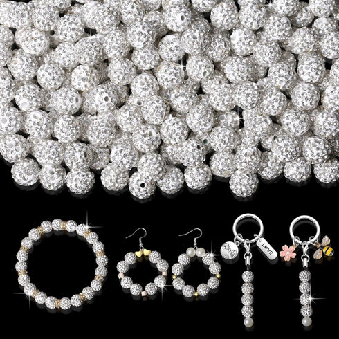 QINJIEJIE 100pcs 10mm Rhinestone Beads for Jewelry Making White Beads Sparkly Disco Ball Beads Bulk Round Crystal Diamond White Clay Beads for Nec...