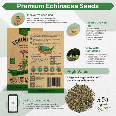 Echinacea Seeds Pack 5.5 G - Over 1000 Non-GMO Heirloom Echinacea Seeds for Planting Herbs in Individual Seed Packet, Herbs Seeds for Planting Hom...