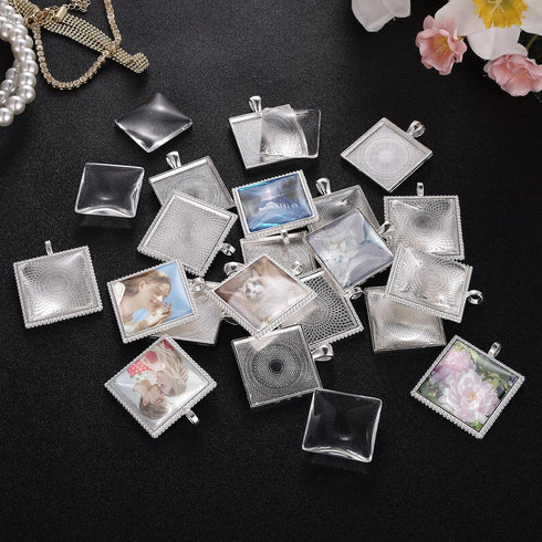 Miraclekoo 40 Pcs Square Bezel Pendant Trays with Glass Cabochon 25 mm Blanks Bezel Cabochon Set for Photo Pendant Craft Jewelry Making...