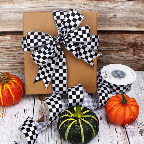 Ribbli Black and White Check Wired Satin Ribbon, 1-1/2 Inch x Continuous 10 Yard, Fall Ribbon for Big Bow, Halloween Ribbon Wreath,Tree Decoration...