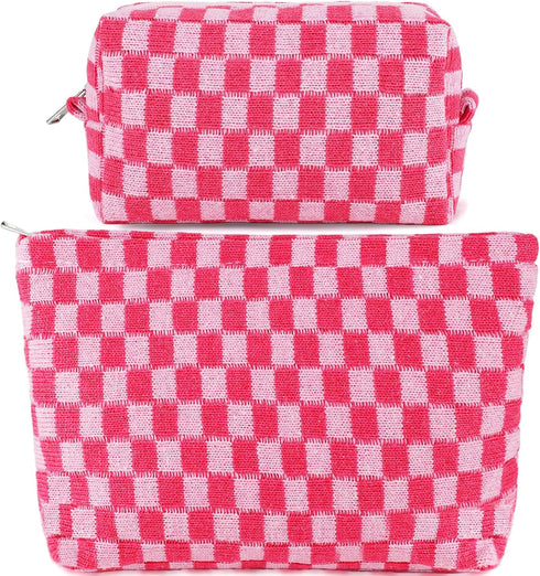 2Pcs Checkered Makeup Bag for Women Large Cosmetic Bag Set Travel Toiletry Bag Makeup Pouch Bag for Purse Pink Zipper Storage Bag Organizer Cute S...