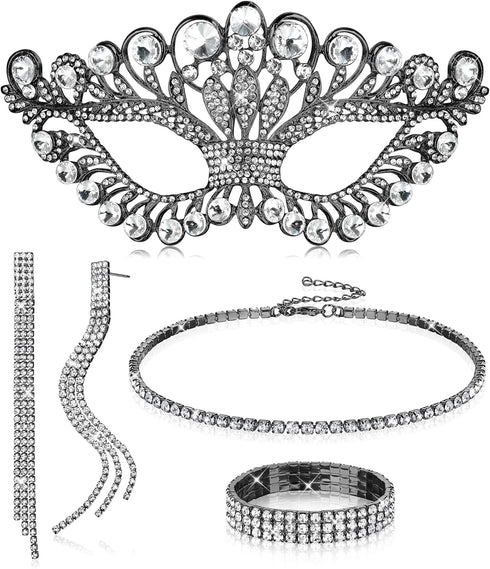 Sanfenly 5 Pieces Rhinestone Crystal Jewelry Set for Women Masquerade Mask Rhinestone Choker Necklace Bracelets Dangle Earrings Set Bridal Jewelry...