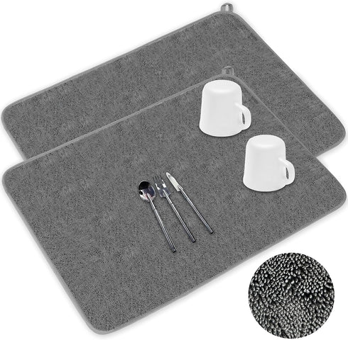 2 Pack Microfiber Dish Drying Mat,24*17 Inch Absorbent Dish Drainer Kitchen Counter,Large Drying Pad for Countertop, Rack and Under Sink(Gray)...
