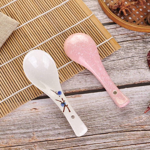 VanEnjoy Set of 4 Chinese/Japanese Ceramic Soup Spoons, Pink Cherry Blossom in Snow Pattern Ceramic Spoon Suitable for Soup...