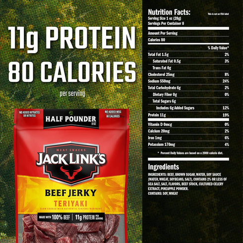 Jack Link's Beef Jerky, Teriyaki, Half Pounder Large Jerky Bag - Flavorful Meat Snack, Ready to Eat Protein Snacks with 11g of Protein per Serving...