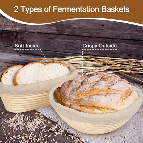 Banneton Bread Proofing Basket Set of 2 with Sourdough Bread Baking Supplies, 9" Round & 10" Oval, Bread Lame + Linen Liner + Dough Scraper + Bast...