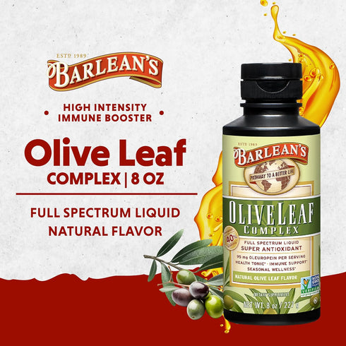 Barlean's Olive Leaf Complex Liquid Immune Support Supplement with 95mg Oleuropein Antioxidants for Seasonal Wellness, Heart Health, & Immune Syst...