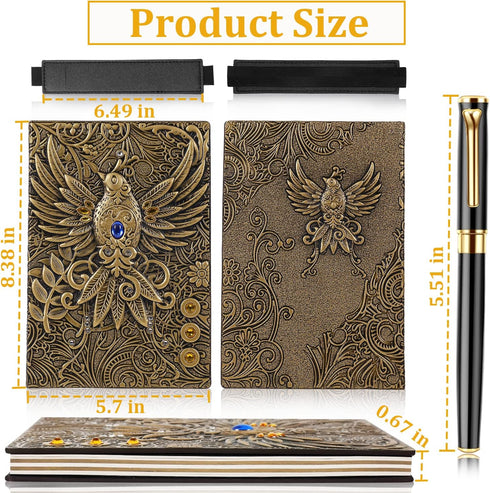 Vintage Phoenix Embossed Leather Notebook Travel Journal Daily Notebook Office Notebook,with Black Ballpoint Pen and Pen Sleeve.Antique Handmade,H...