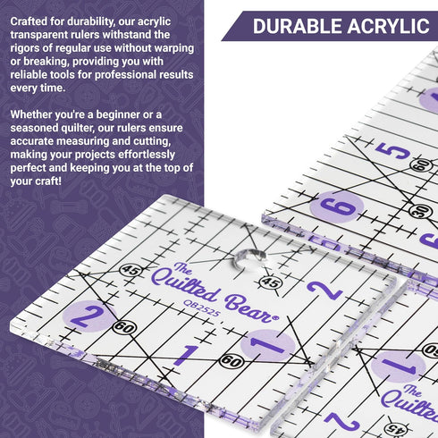 The Quilted Bear Quilting Rulers - Transparent Acrylic Non Slip Quilting, Patchwork & Sewing Ruler with Clear Black Lines & 30, 45 & 60 Degree Ang...