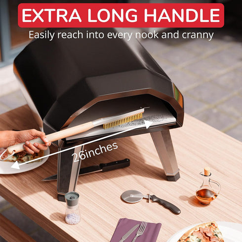 26” Pizza Oven Brush with Stone Scraper - Stainless Steel Bristles, Extra Long Handle, Heat-Resistant - Compatible with Ooni Ovens - Includes Spar...