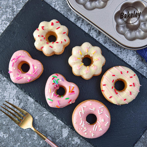 Fancy Donut Pan, 6 Cavity Donut Mold Heavy Duty Steel Non-stick Heart Flower Round Shaped Bund Pans Pattern Doughnut Bakeware for Oven Baking (Cha...