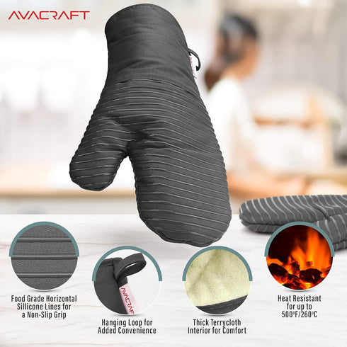 AVACRAFT Oven Mitts Pair, Flexible, 100% Cotton with Unique Heat Resistant Food Grade Silicone, Thick Terry Cloth Interior, 500 F Heat Resistant (...