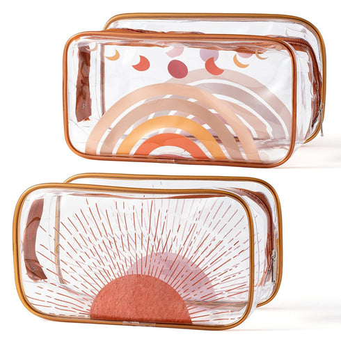 Y1tvei 2Pcs Summer Boho Rainbow Sunshine Clear PVC Makeup Bag Brown Rainbow Boho Plastic Cosmetic Toiletry Bag Transparent Zipper Makeup Case Wate...